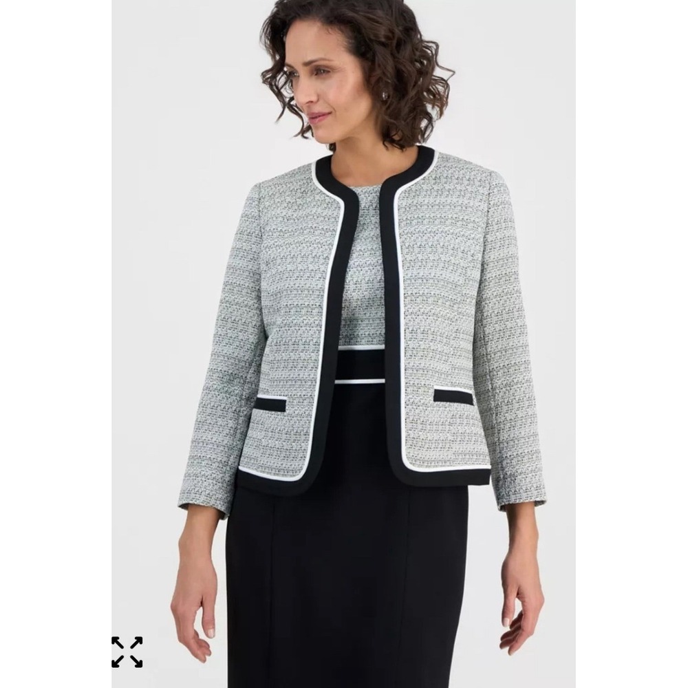 Kasper Womens Open-Front Tweed Blazer Loden Dusk Multi Contrast Trim Size 14